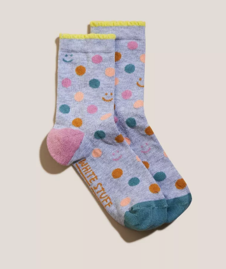 White Stuff Ladies Ankle Socks Spot Smiley Face Socks  Blue Mlt