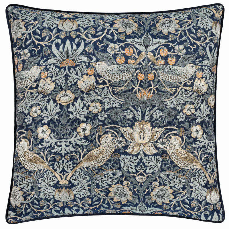 Morris & Co Strawberry Thief Piped Jacquard Cushion Indigo