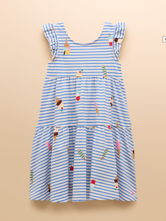 Joules Kids Butterfly Blue Stripe Ice Cream Print Frill Sleeve Dress