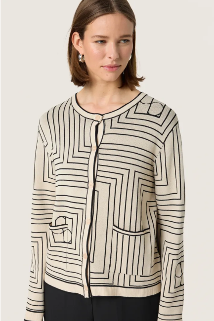 Soaked In Luxury Ladies SlIndianna Medea Cardigan In Oatmeal With Black Monogram