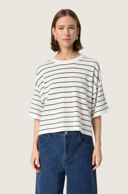 Soaked In Luxury Ladies SlSpina Boxy Pullover ss White With Grape Leaf Stripe