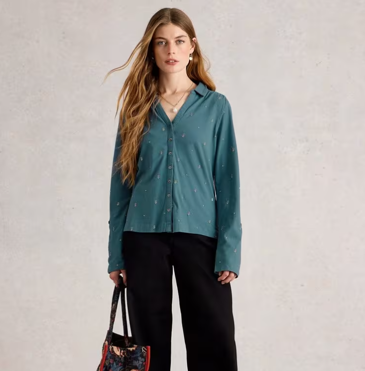 White Stuff Ladies ANNIE EMBROIDERED JERSEY COLLARED SHIRT in MID BLUE