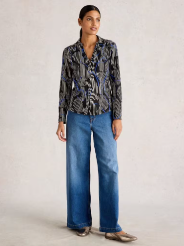White Stuff Ladies ANNIE COLLARED SHIRT JERSEY in BLACK PRINT
