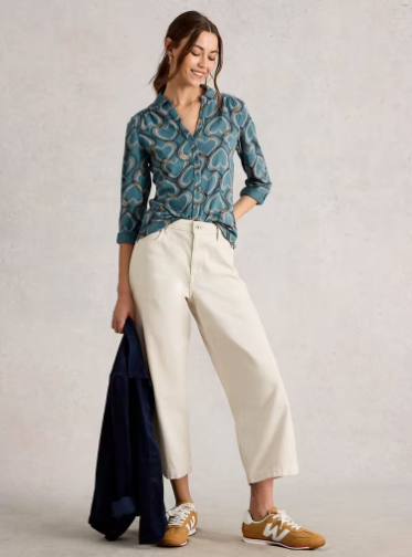White Stuff Ladies ANNIE COLLARED SHIRT JERSEY in BLUE PRINT
