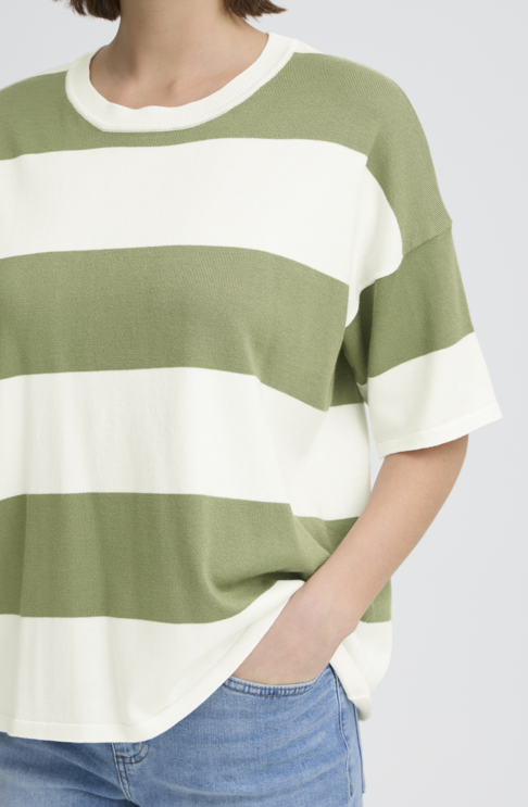 Ichi Ladies Loose SS Sweater IHLuls in Wide Iguana White Stripe, Luls