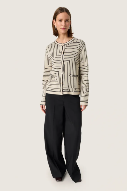 Soaked In Luxury Ladies SlIndianna Medea Cardigan In Oatmeal With Black Monogram
