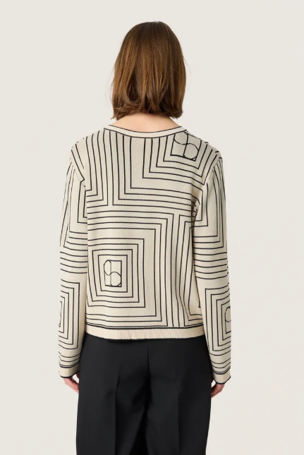 Soaked In Luxury Ladies SlIndianna Medea Cardigan In Oatmeal With Black Monogram