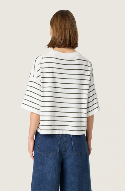Soaked In Luxury Ladies SlSpina Boxy Pullover ss White With Grape Leaf Stripe