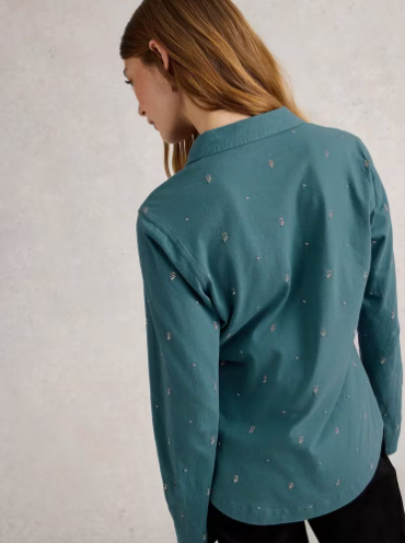 White Stuff Ladies ANNIE EMBROIDERED JERSEY COLLARED SHIRT in MID BLUE