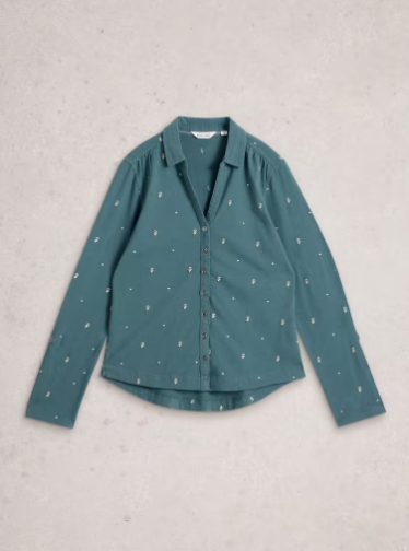 White Stuff Ladies ANNIE EMBROIDERED JERSEY COLLARED SHIRT in MID BLUE