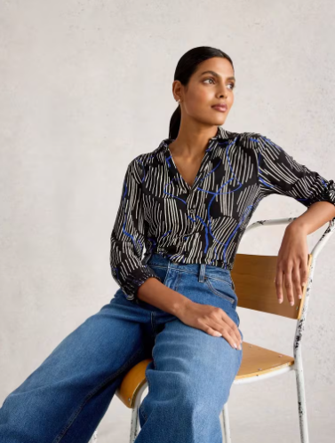 White Stuff Ladies ANNIE COLLARED SHIRT JERSEY in BLACK PRINT