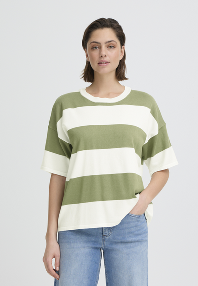 Ichi Ladies Loose SS Sweater IHLuls in Wide Iguana White Stripe, Luls