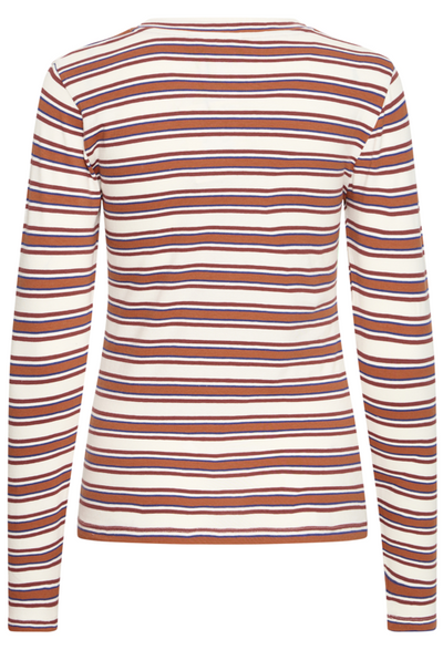 Ichi Ladies Long Sleeve T Shirt IHMira in Red Multi Stripe, Mira Tee