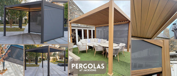 Collage of pergolas with Jacksons branding, featuring outdoor structures and furniture.