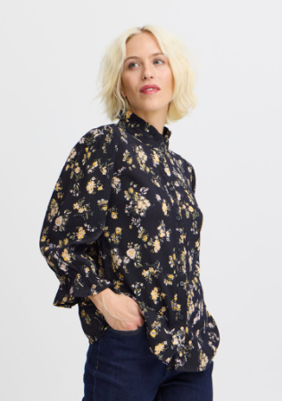 Pulz Jeans Women’s PZTULLA 3/4 Sleeve Blouse in Black Flower Print, Tulla