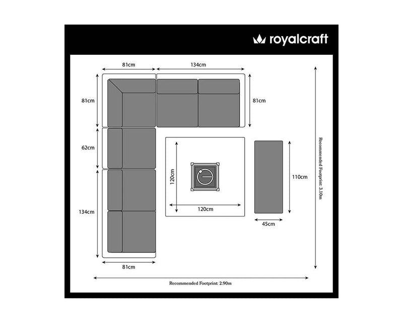 Royalcraft Wentworth 8 Seater Deluxe Modular Corner Dining Lounging Set with Square Fire Pit Table