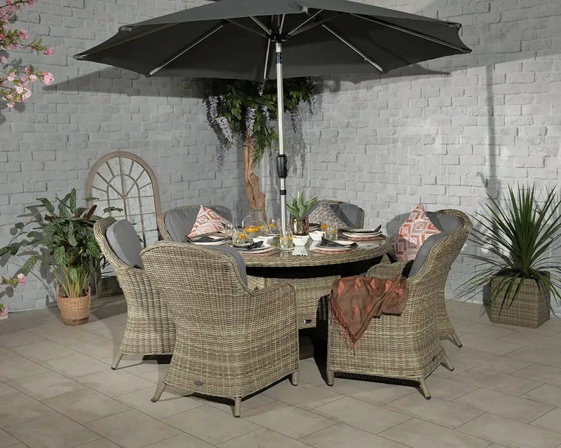 Royalcraft Wentworth 6 Seater Round Imperial Rattan Dining Set with Weather Shield Cushions