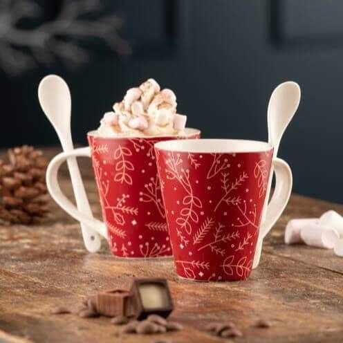 Aynsley Festive Twigs Hot Chocolate Mugs and Spoons Set