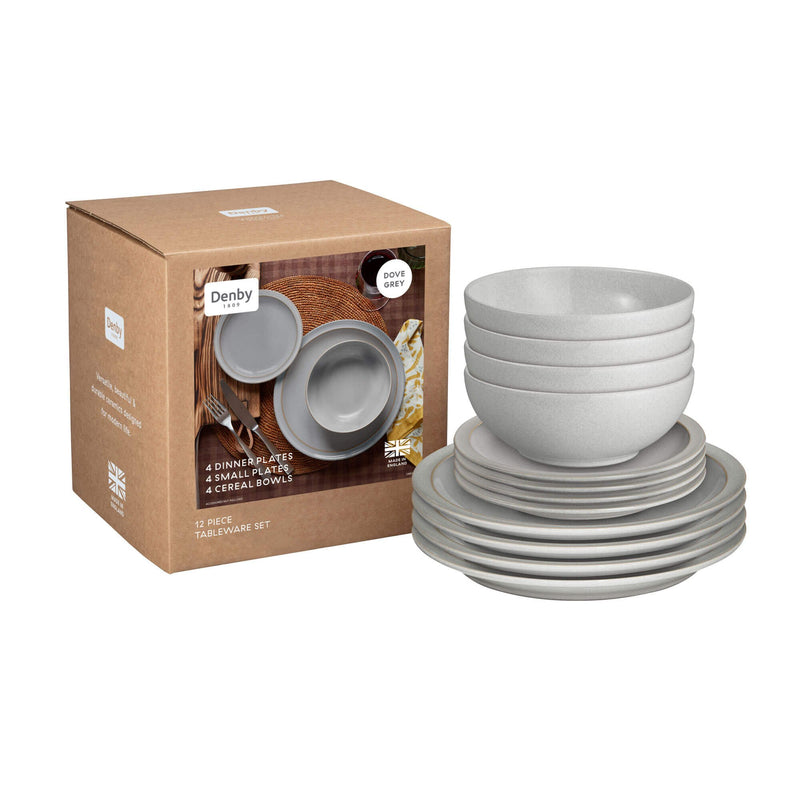 Bundle Deal Denby Dove Grey 12 Piece Tableware Set & 4 Piece Pasta Bowl Set