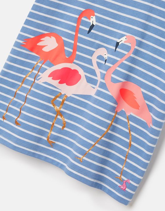 Joules Girls Pixie Screenprint T-Shirt - Blue Stripe Flamingo