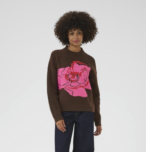 Culture Ladies Pullover CUBliss in Brown Melange Pink Flower, Bliss