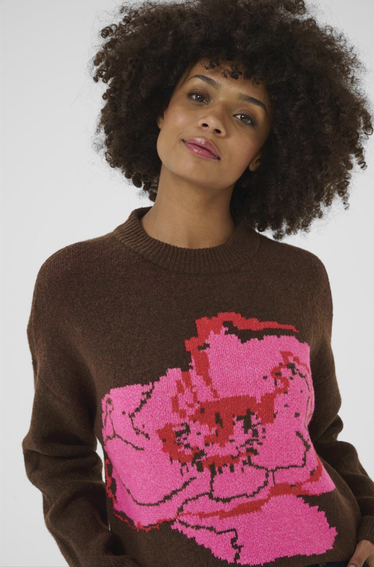 Culture Ladies Pullover CUBliss in Brown Melange Pink Flower, Bliss