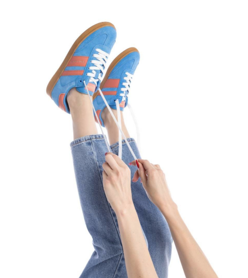 Teddy Smith Ladies Suede Lace Up Trainers 120007 in Blue Combination with Orange