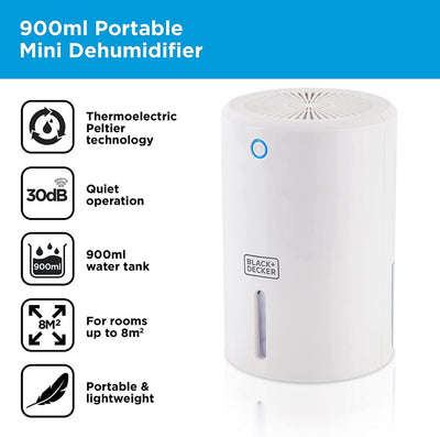 BLACK+DECKER BXEH60001GB Mini Dehumidifier Portable Eco Friendly 900ml White