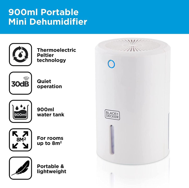 BLACK+DECKER BXEH60001GB Mini Dehumidifier Portable Eco Friendly 900ml White