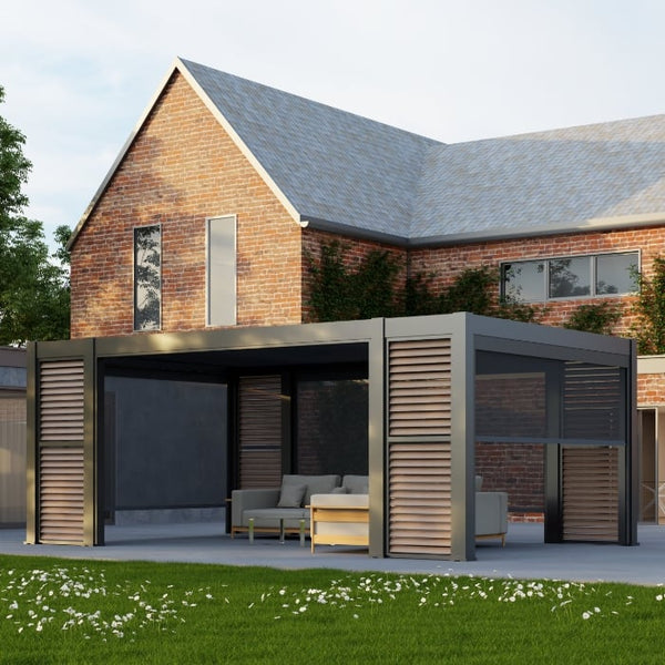 Modern outdoor pergola available at Jacksons of Saintfield with wooden slats in front of a brick house