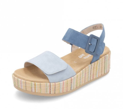 Remonte Ladies Flatform Sandals D1N54-12 in Blue Velcro Fastening