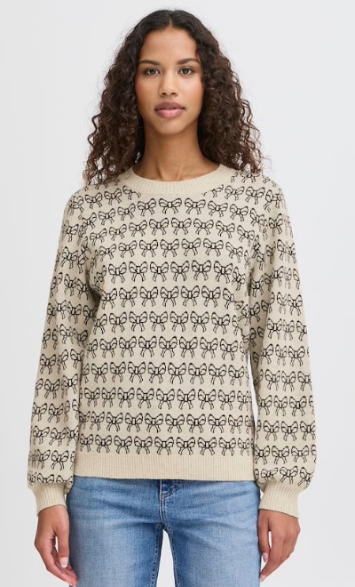 Ichi Ladies IhBrielle Knitted Pullover In Oatmeal with Black