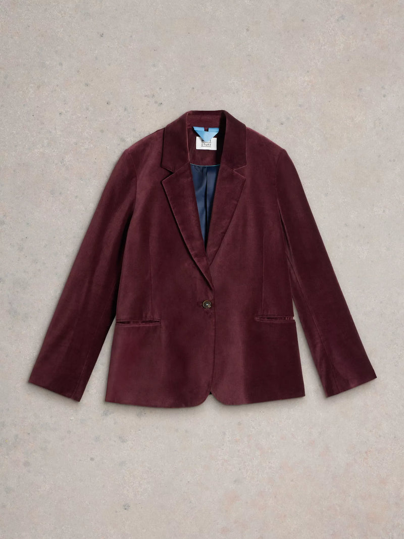 White Stuff Evelyn Velvet Long Sleeve Blazer in DK PLUM