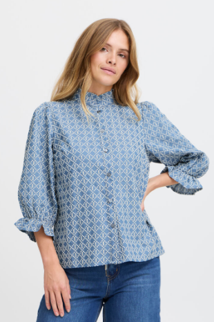 Pulz Ladies PZFenya 3/4 Sleeve Shirt in Medium Blue Denim, Fenya