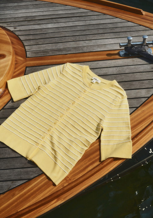 Soaked in Luxury Ladies SLSpina Striped Cardigan Short Sleeve in French Vanilla with White, Spina