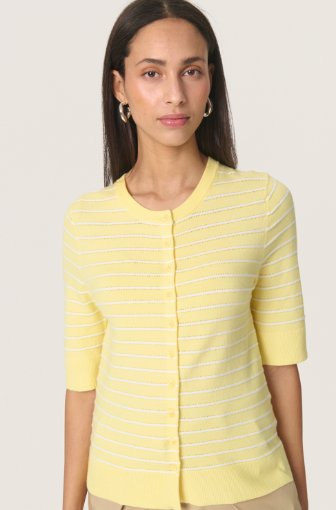 Soaked in Luxury Ladies SLSpina Striped Cardigan Short Sleeve in French Vanilla with White, Spina