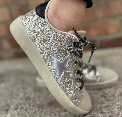 Teddy Smith Ladies Gold Glitter Combination Trainers 120151 with leopard laces and star motif