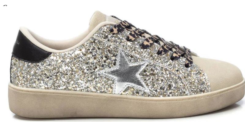 Teddy Smith Ladies Gold Glitter Combination Trainers 120151 with leopard laces and star motif