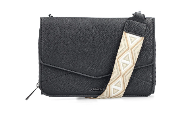 Rieker Ladies Small Cross Body bag H1125-00 Black with removeable Gold cream check strap