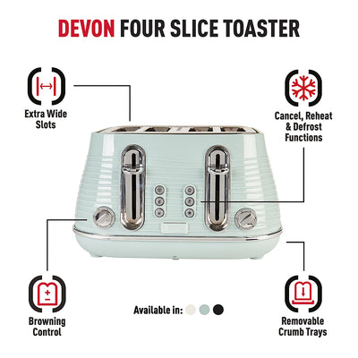 Haden Devon Eucalyptus 4 Slice Toaster - 6 Browning Settings, Wide Slots - 1630W