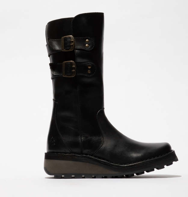 Fly London Ladies Calf Length Leather Boots Rug HAPY199 in Black