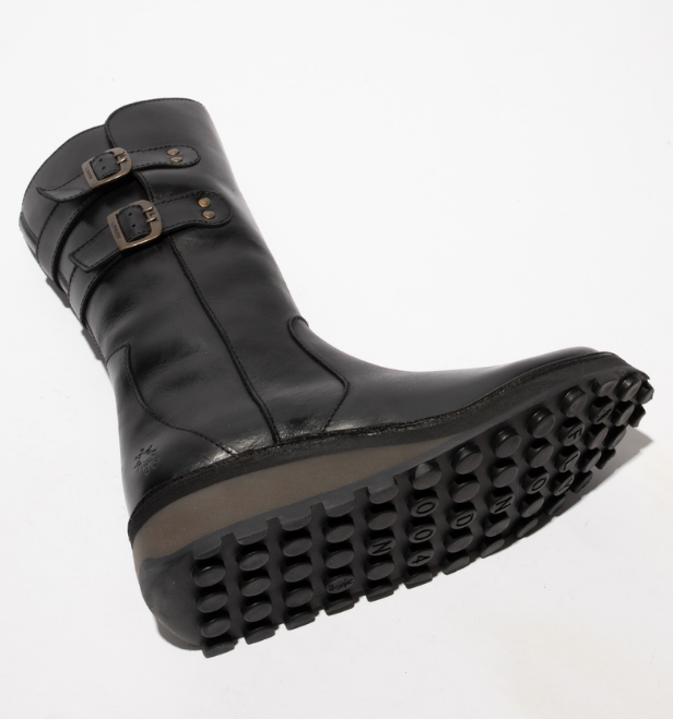 Fly London Ladies Calf Length Leather Boots Rug HAPY199 in Black
