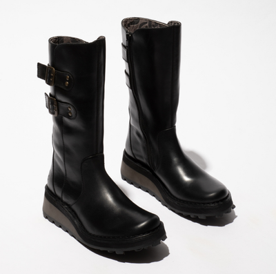 Fly London Ladies Calf Length Leather Boots Rug HAPY199 in Black