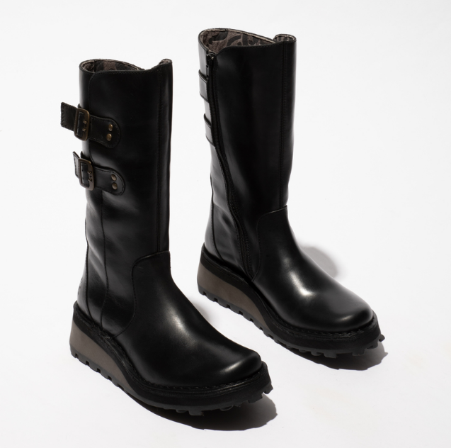 Fly London Ladies Calf Length Leather Boots Rug HAPY199 in Black