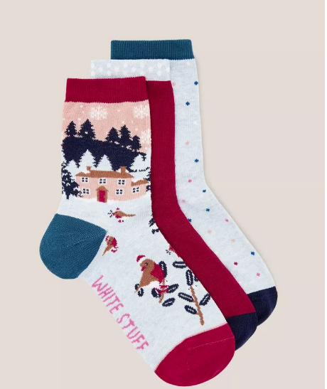 White Stuff 3 Pack Christmas at home Socks Blue Multi