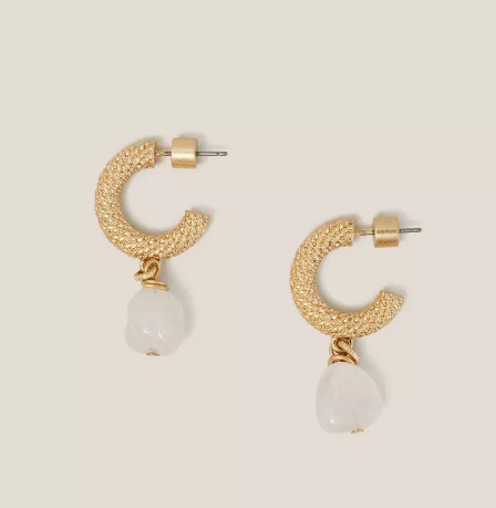 White Stuff Textured Hoop Stone Earrings in Gold Tone Metallic