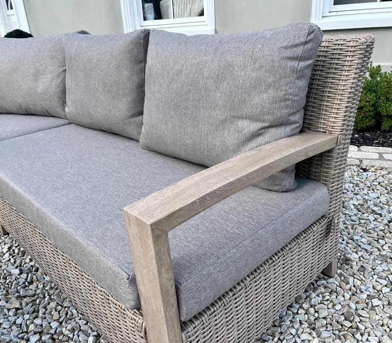 Back in stock July Pre Order Now - Vienna Large Curved Corner Sofa Set Wood Effect Aluminium Furniture Set With Easy Rise and Fall Table, Outdoor & Indoor