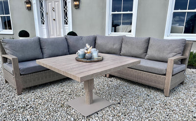 Back in stock July Pre Order Now - Vienna Large Curved Corner Sofa Set Wood Effect Aluminium Furniture Set With Easy Rise and Fall Table, Outdoor & Indoor