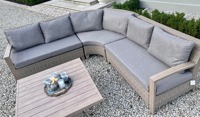 Back in stock July Pre Order Now - Vienna Large Curved Corner Sofa Set Wood Effect Aluminium Furniture Set With Easy Rise and Fall Table, Outdoor & Indoor