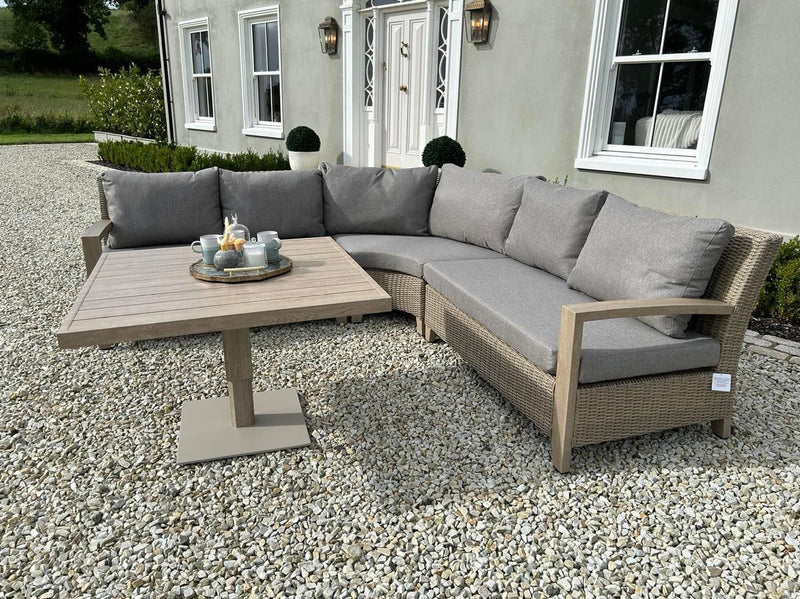 Back in stock July Pre Order Now - Vienna Large Curved Corner Sofa Set Wood Effect Aluminium Furniture Set With Easy Rise and Fall Table, Outdoor & Indoor